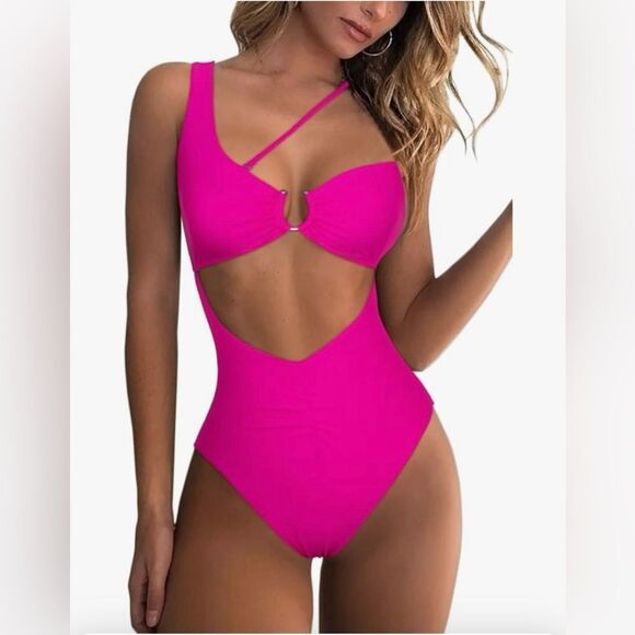 Vibrant Hot Pink Cutout Swimsuit Sexy One Shoulder One Piece Bathing Suit New - Picture 1 of 8